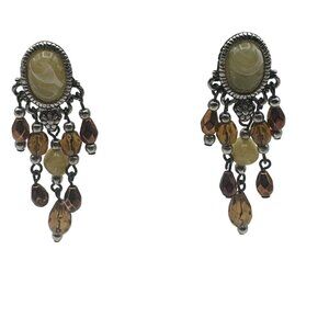 Vintage Bohemian Dangle Earrings Brown Tan Teardrop Beads
